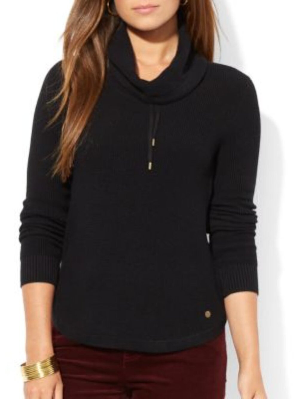 Lauren Ralph Lauren women's cowlneck sweater medium waffleknit black cotton